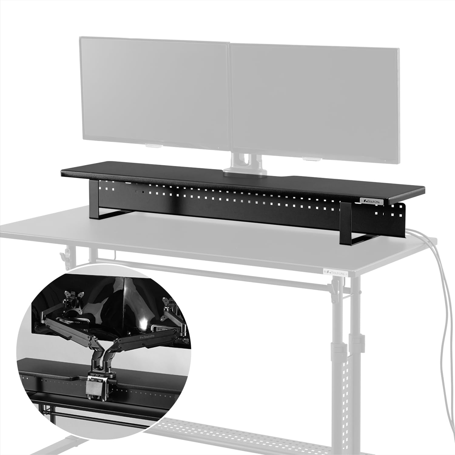 

Bauhutte Широкая подставка для монитора Скрытые провода Монтируемый кронштейн для монитора Подставка для монитора Настольная полка Зажим для хранения кабелей Совместимая с двумя мониторами BHS-1100MS-BK чёрный