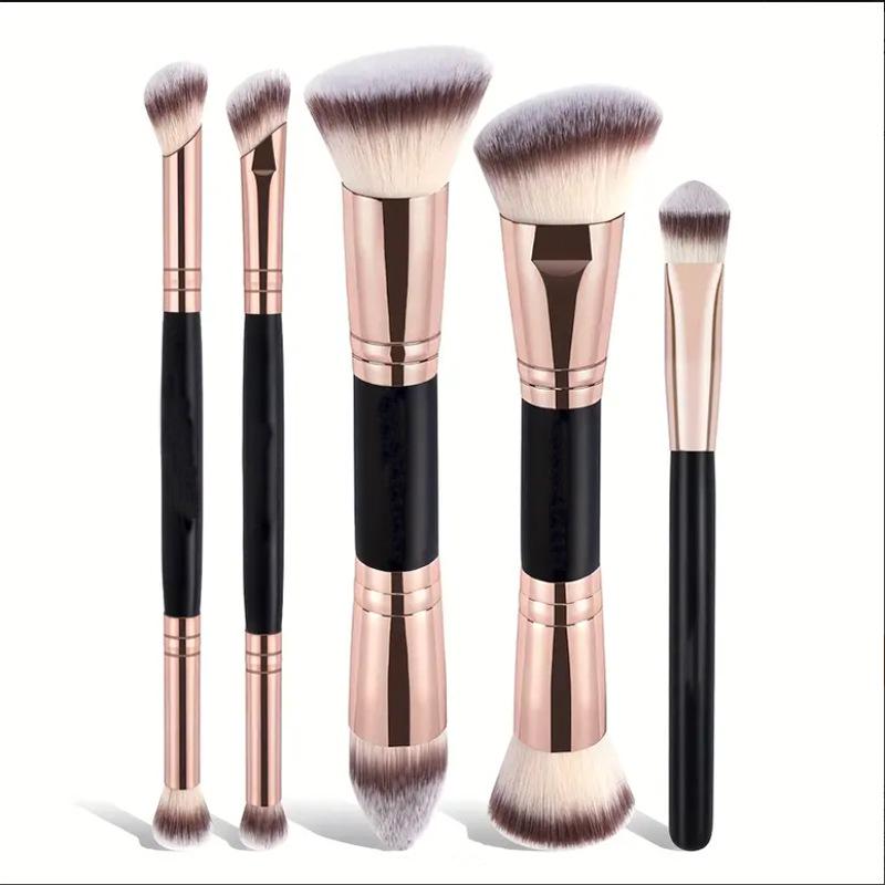 5 Double-Ended Makeup Brushes: Foundation, Blush, 3-Color Contour, Soft Bristle, Loose Powder, Beauty Tool Set