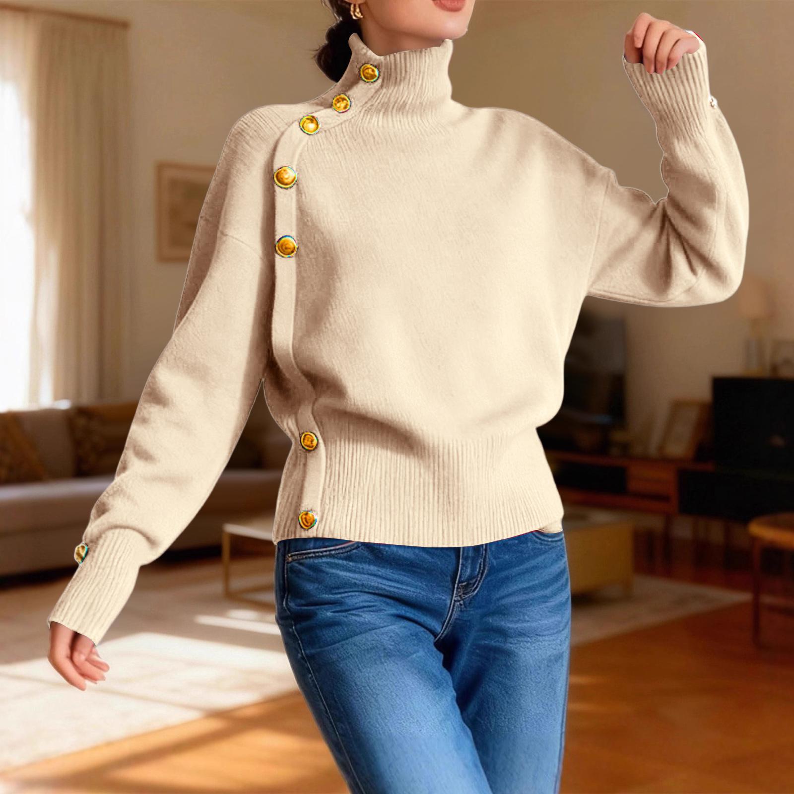 

Women s Loose Comfortable Casual Fashion Knit Sweater With Buttons And High Neck L