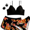 CONJUNTO DE BIQUÍNI FEMININO COM ESTAMPA FLORAL - Decote em V, mistura de nylon e elastano de alta elasticidade, opaco - Moda Praia