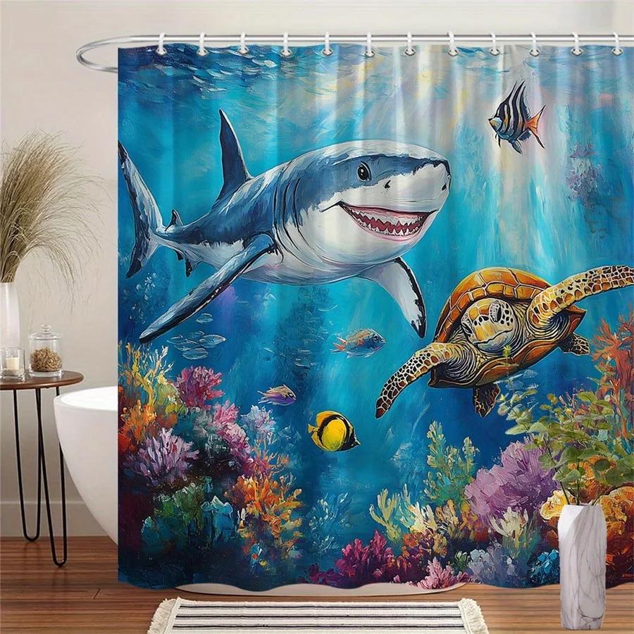 

1Pc Underwater Shark & Sea Turtle Shower Curtain - Vibrant Coral Reef With Tropical Fish, Dynamic Marine Life Design, Durable Po W60H190(CM)-1 Pcs