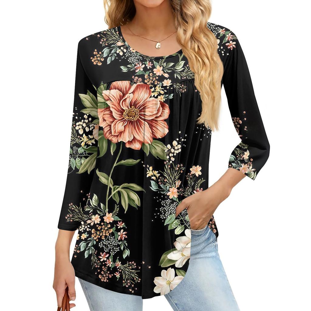 Damenmode Lässiges Dreiviertelarm-Oberteil mit Aufdruck und Rundhalsausschnitt