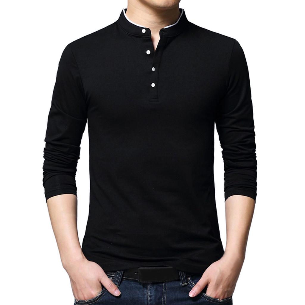 Men's New Fashion Standing Collar Men's Long Sleeve T-shirt  Blouse Top