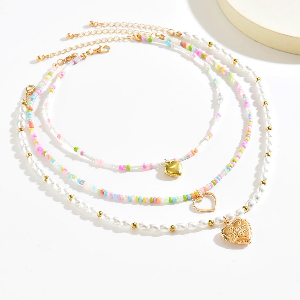 European and American Bohemian Love Pendant Necklace Multi-layered Color Beaded Imitation Pearl Clavicle Chain