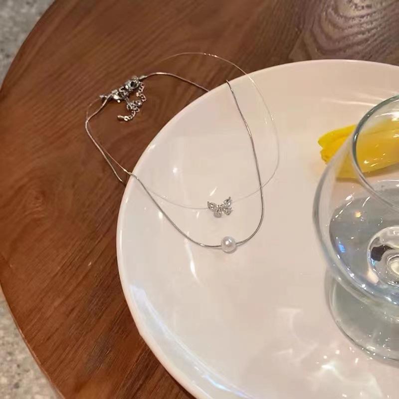 Pearl Zircon Butterfly Necklace Set: Elegant Korean Clavicle Chain with Super Fairy Design for Women