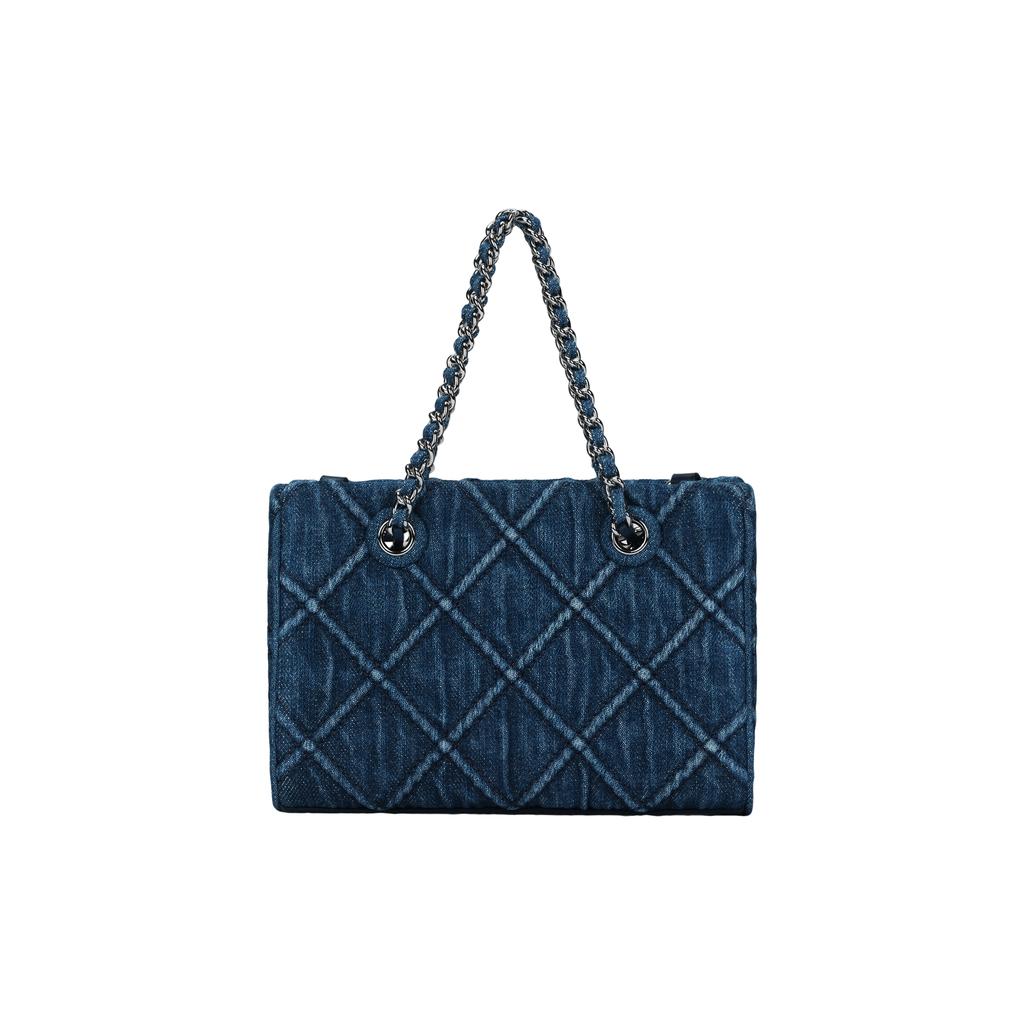 Tory Burch Fleming Diamond Pleated Embossed Double T Logo Fabric And Lambskin Tote Bag Women Tote Bags Denim-Blue 154743-426