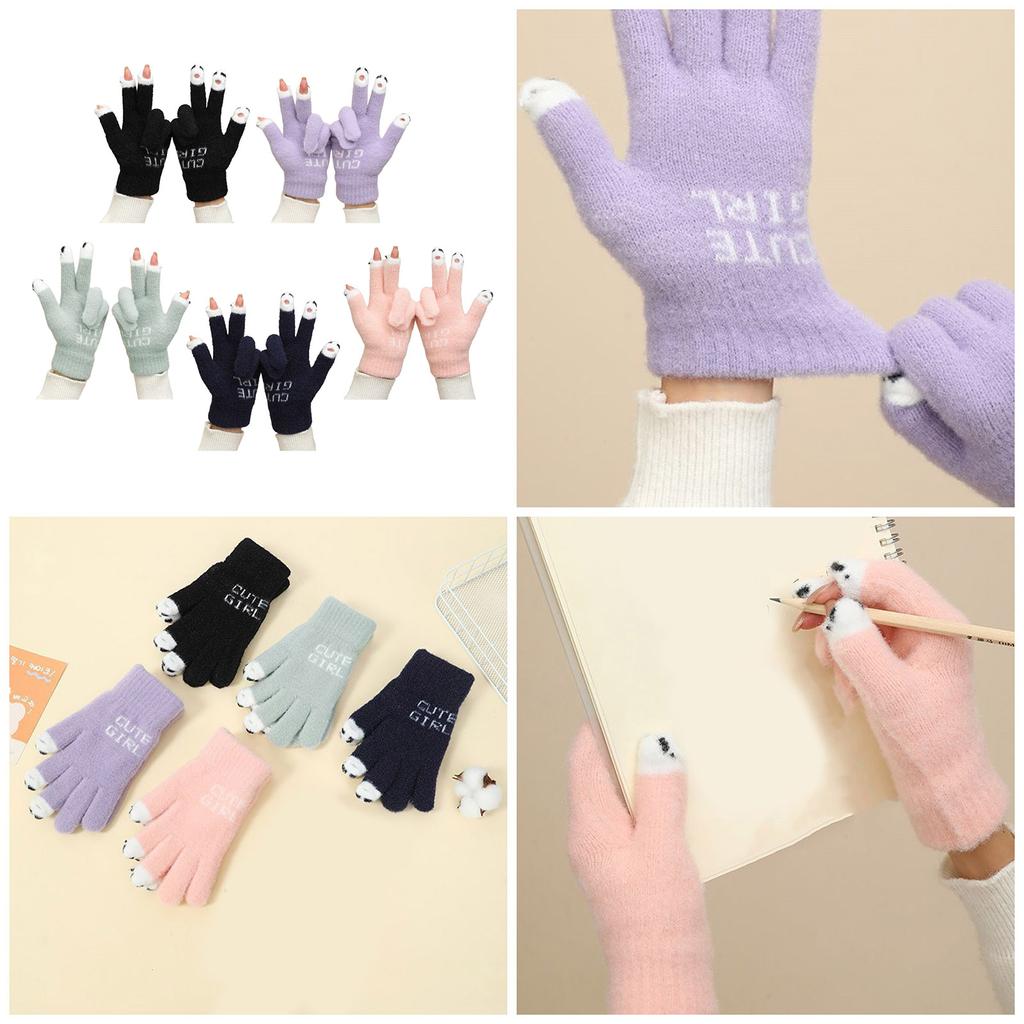 Knitted Touchable Screen Gloves Winter Full Finger Mittens Stretchy Warm Three Finger Exposed Gloves for Girls Teens