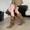 Suede Stack Boots Fall Winter 2026 French Pointed Toe Stiletto Heel High Heel Over The Knee Boots for Women