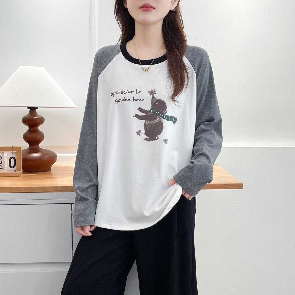 Women Plus Size Color Block Cartoon Print Long Sleeve Casual Base T Shirt Top