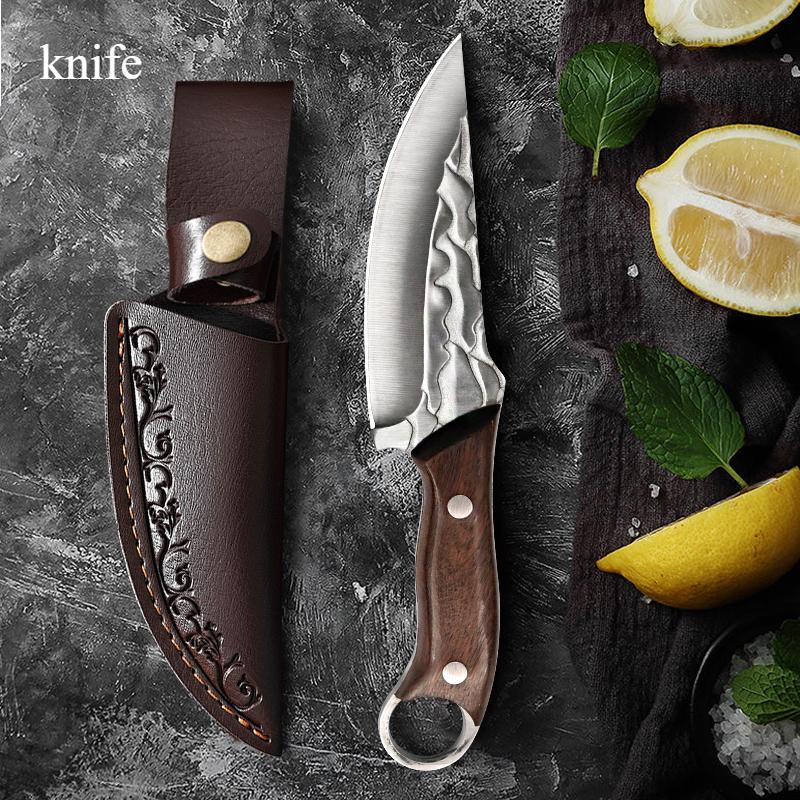 Ring Knife Kitchen Hand Knife Meat Knife Fruit Knife Barbecue Eating Pig Beef and Mutton Knife Portable Knife with Wooden Handle