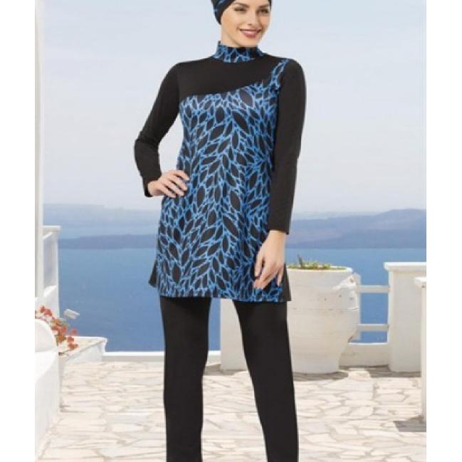 2-piece Muslim Women's Elegant Tree Branch Color Matching Print Seaside Swimsuit Full Coverage Swimsuit Set Beachwear Burkini Swimsuit Set (without