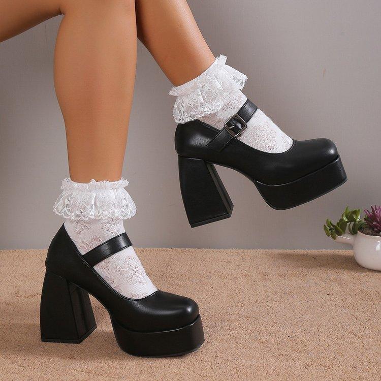 Mary Jane Single Shoes Women's Platform Korean Version Retro High-heeled College British Style Big Head Buckle Small Leather Shoes