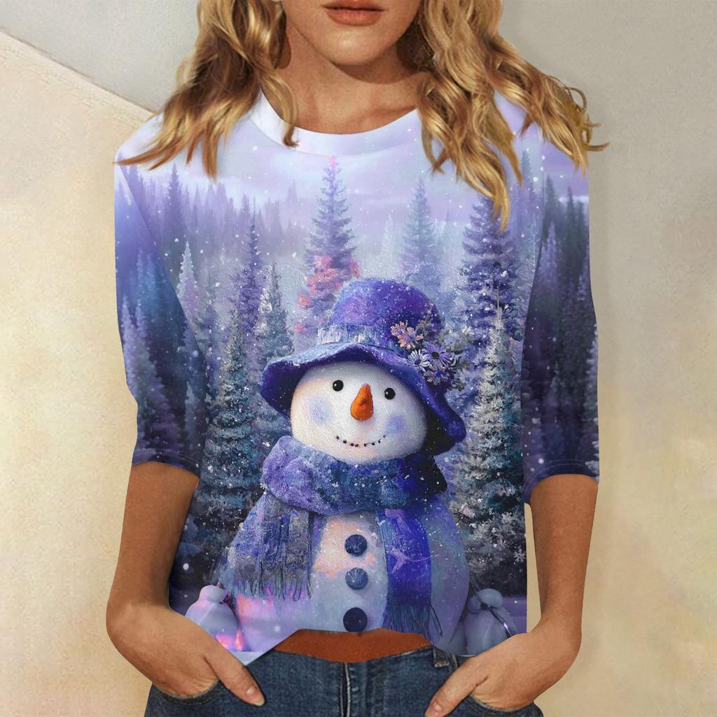 3/4 Sleeve Shirts For Women Print Christmas Tees Blouses Casual Plus Size Basic Tops Pullover