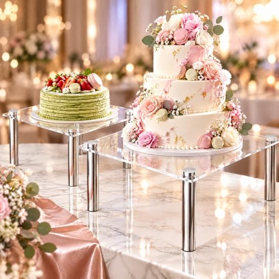 Modern Tabletop Show Case Acrylic Cake Stand, Multi-Tier Food Display Clear Cupcake Holder, Sturdy Handcrafted Item Shelf Adjustable Metal Support for