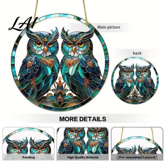 Sunlight Shadow Display Double Owl Suncatcher Window Hanging Ornament Stained Glass Style Circular Wall Colorful Animal Art Decor Green for