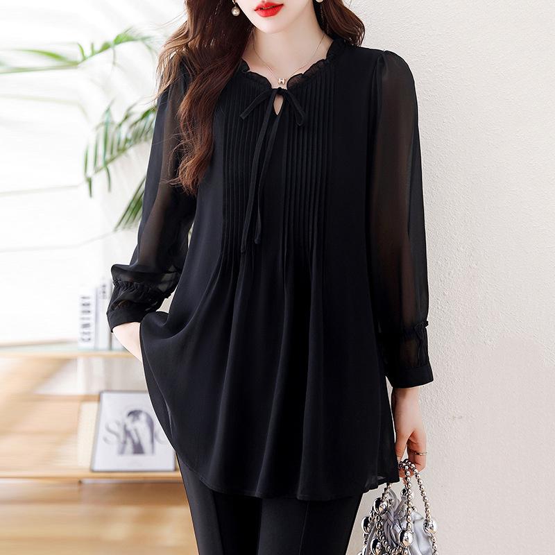 2026 Spring and Autumn New Large Size Tummy-Covering Slimming Top with Stylish Design, Chiffon Long-Sleeve Women's Top