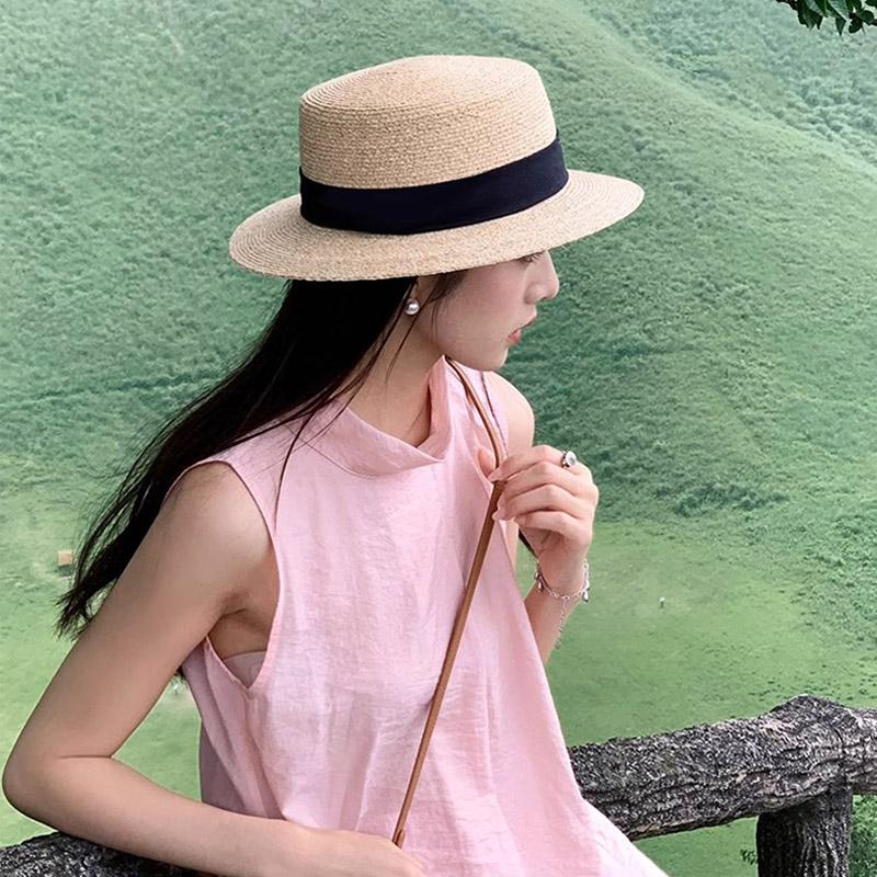 Women's French Style Flat Top Straw Hat Large Head Circumference Flat Brim Seaside Beach Vacation Dress Hat Plus Size Woven Formal Hat