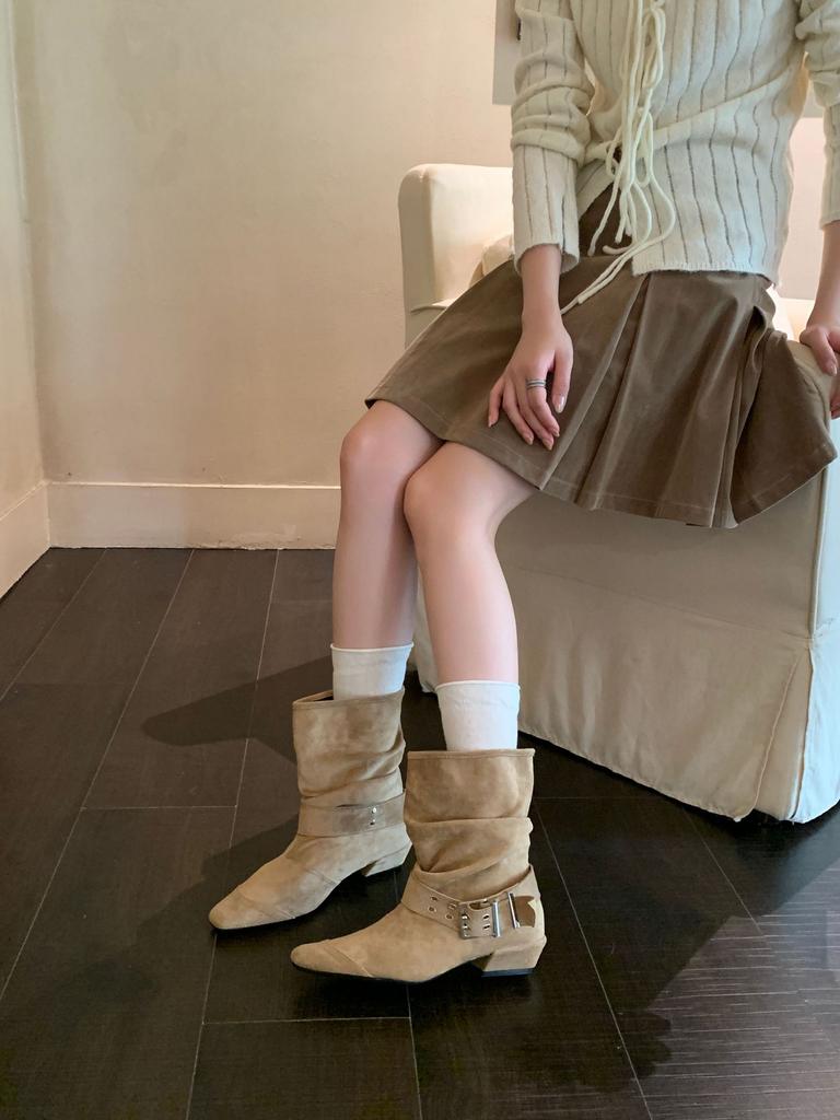 Autumn new thick heel retro stacking boots square head pleated belt buckle short boots