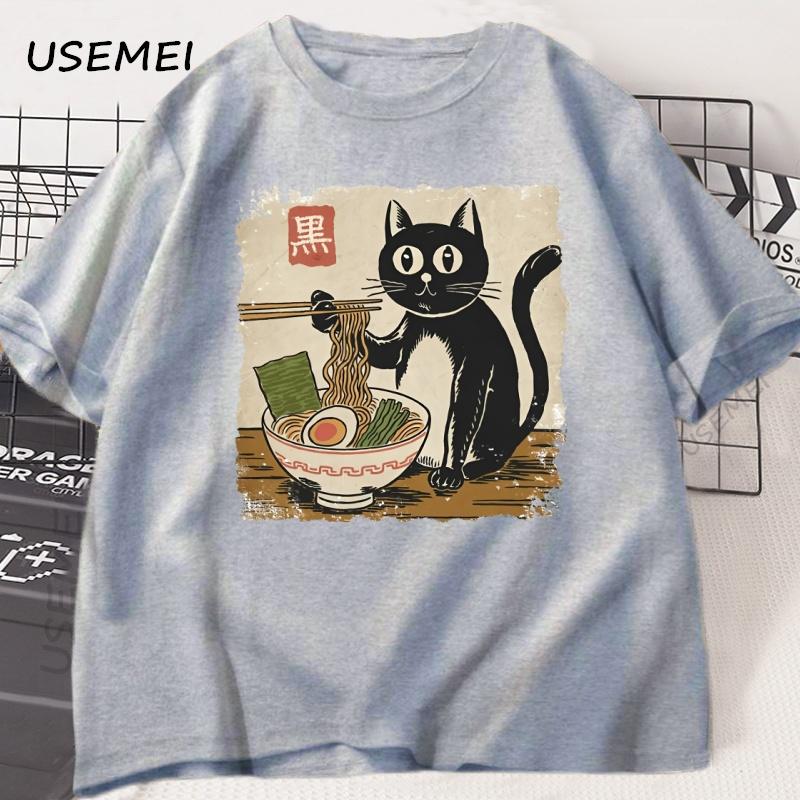 Funny Black Cat Ramen T-shirt Men Women Japanese Graphic Tees Kawaii Cat Anime Print T Shirt Casual Short Sleeve Mens Clothes