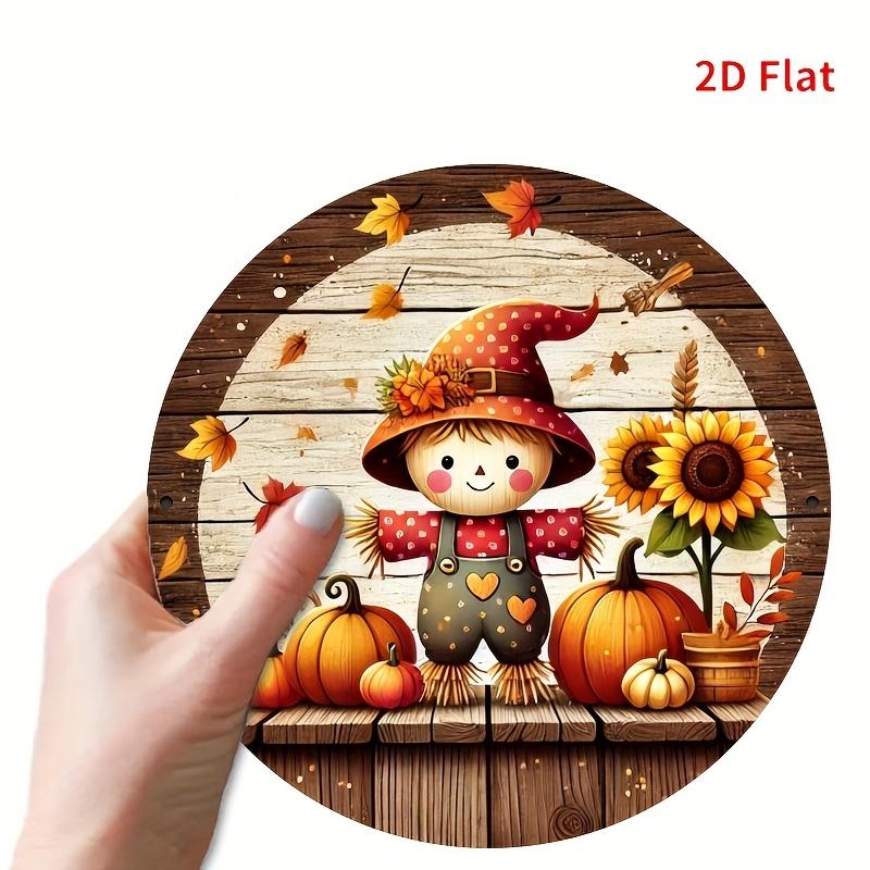 HD Tin Sign Fall Scarecrow Pumpkin Sunflower Round Vintage Metal Wall Art Retro Autumn Decor