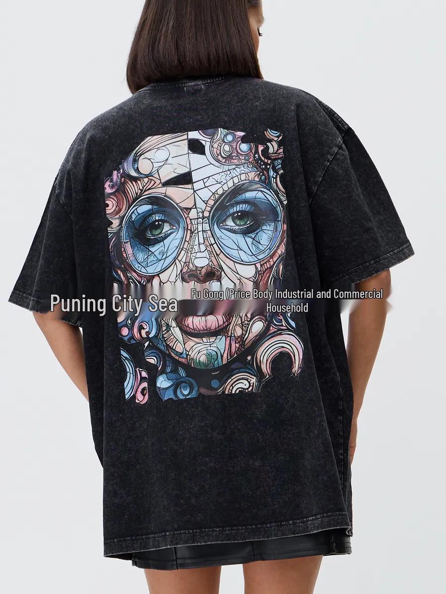 

100% Cotton Retro Washed Short Sleeve Trendy BF Style T-shirt with Cool Scoundrel Print L промывают черный