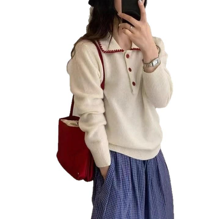 Women's Contrast Color Polo Collar Long-Sleeve Wool Knit Sweater - Loose Fit, Slimming Autumn Top