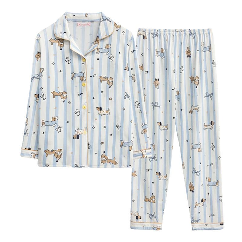 "Cute Dog Dachshund" ins cartoon spring and autumn striped pajamas women's cardigan long-sleeved loungewear autumn and winter suit
