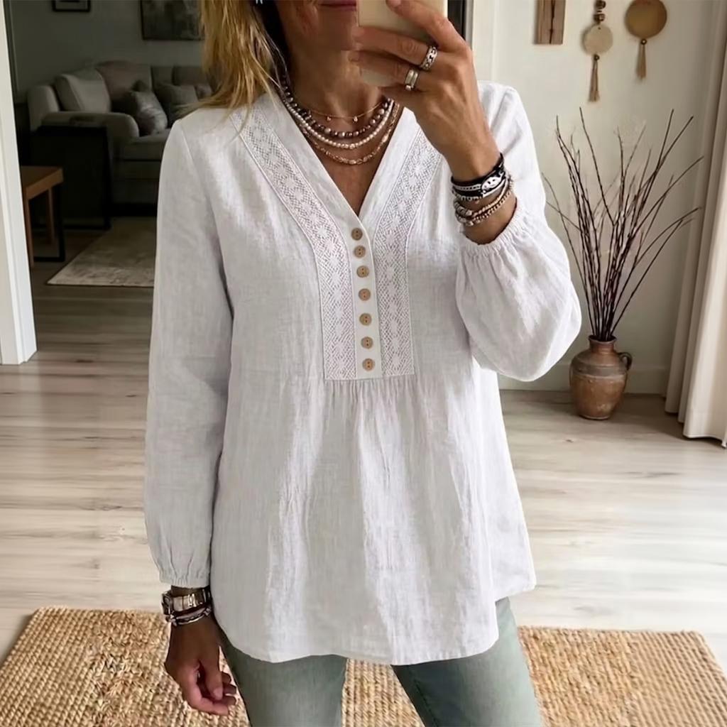 Women's V-Neck Lace Trim Long Sleeve Blouse Color Button Front Casual Shirt Top
