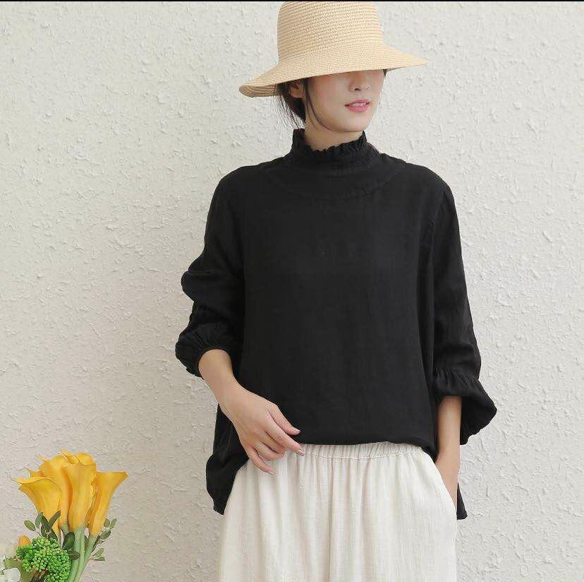 Johnature Herbst Leinen Damen Tops Blusen Vintage Einfarbig Lose Weibliche Shirts