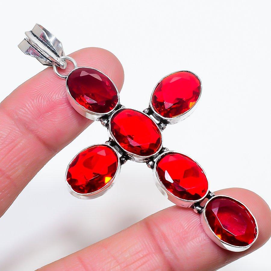 Lab Created Mozambique Garnet Cross Pendant 3.2" Silver Tone Oval Cut Gemstone