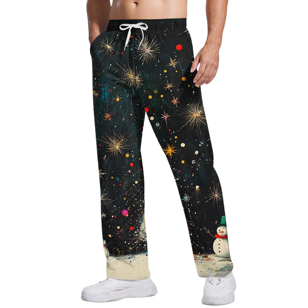 Men's Christmas Print Casual Pants, Loose Fit Straight Leg Trousers with Elastic Waist and Pockets for Holiday Party and Everyday Wear