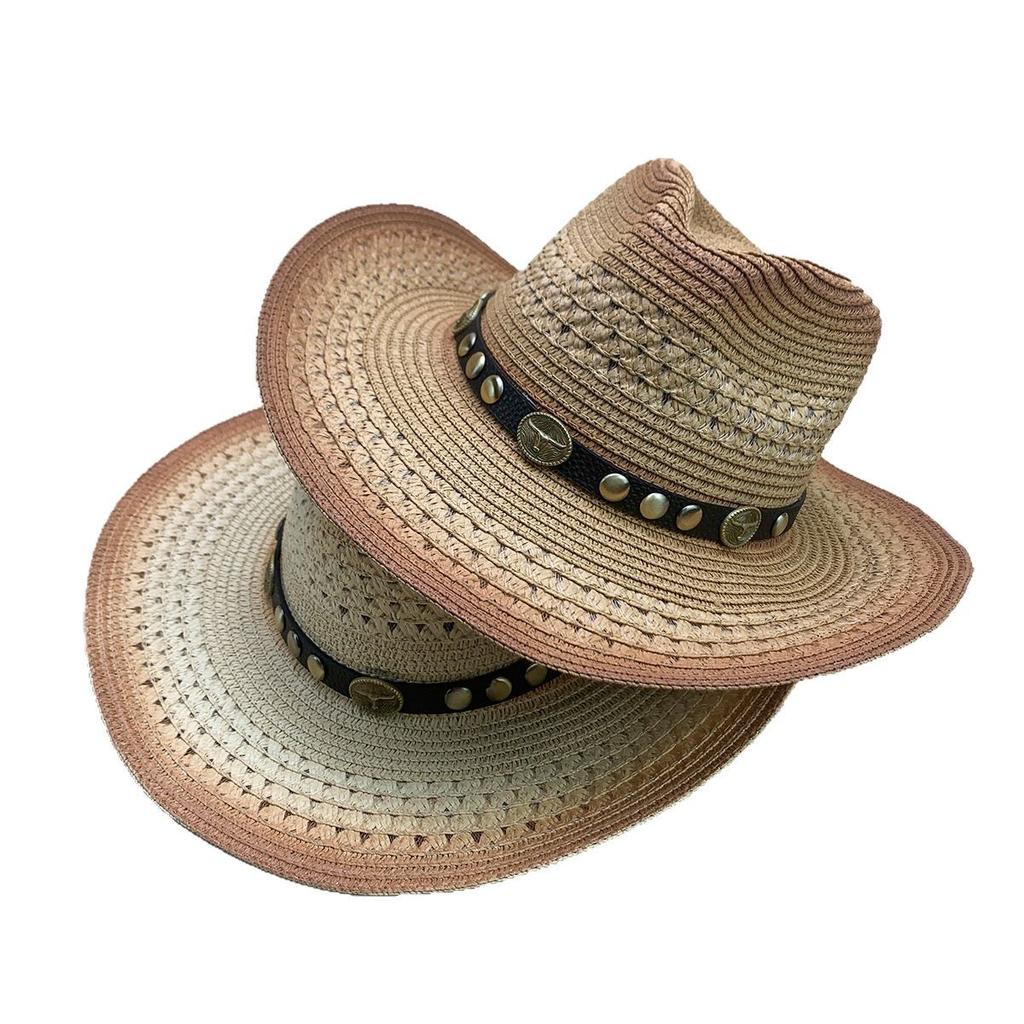 Tibetan Xinjiang Cattle Head Western Cowboy Hat Men And Women Shading Gradual Change Color Outdoor Mountaineering Straw Hat