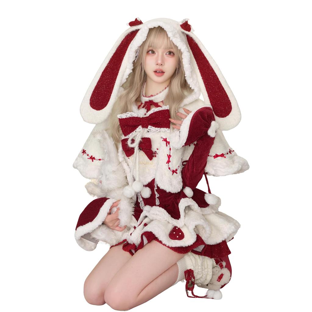 Santa Cosplay Long with Cute Bunny Red White [Cos Kingdom] Women's Costume, Lolita-Style Dress, Sleeves, Ears, & (L)