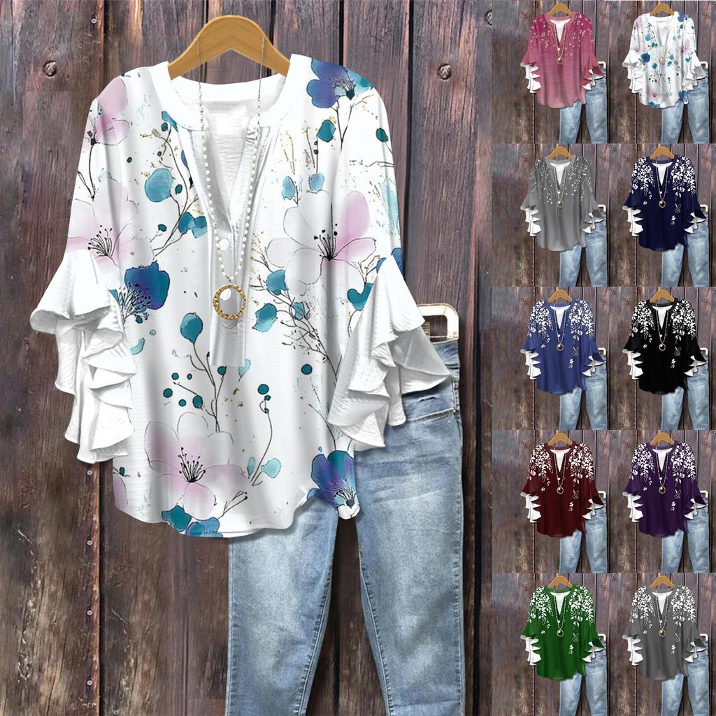 Summer Women's Tops V-Neck Seven Sleeve Shirt Spring Summer Floral Printed Tops Casual Shirt