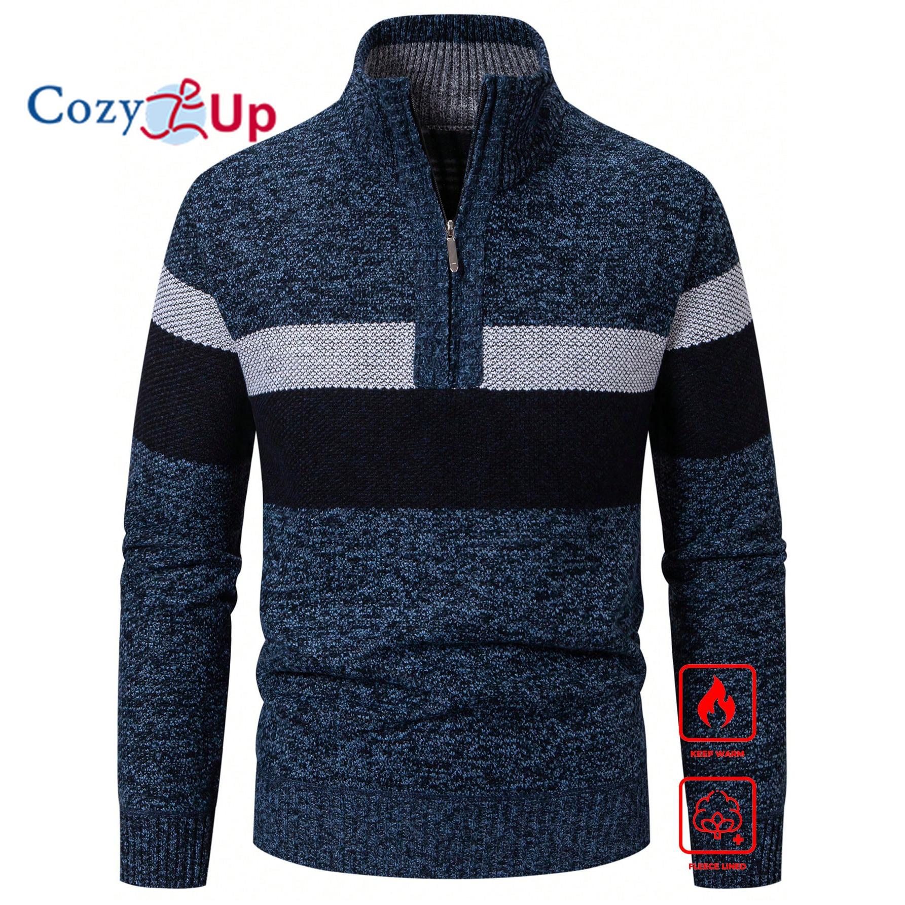 

Чоловічий светр на блискавці з термопідкладкою з кольоровими блоками M синій
