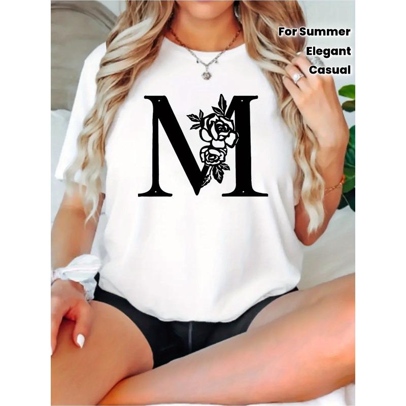 Wo Elegant White Short Sleeve T-Shirt with Floral Monogram  M  Design | Casual Crew Neck, Stretchy Fabric, Perfect for Summer, Ladies T Shirts S белый