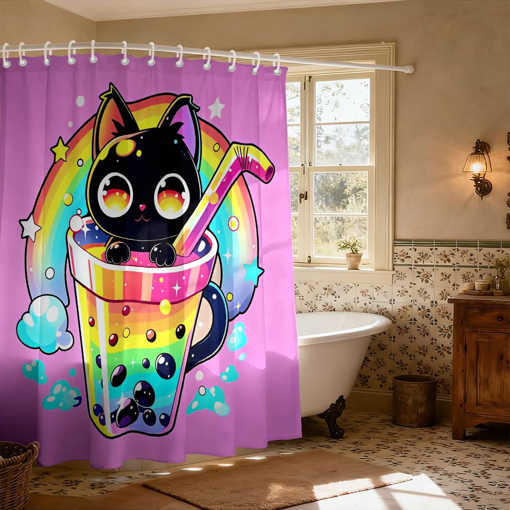 1PC Cartoon Black Cat Rainbow Boba Pearl Milk Tea Shower Curtain Waterproof Fabric Bathroom Partition Privacy Hanging Curtain