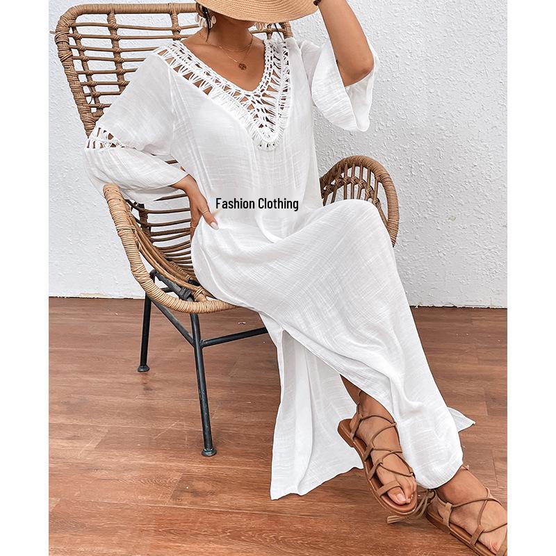 Womens American Crossborder European Handcrocheted Patchwork Ball Loose Beach Coverup Dress Sexy Backless Hollow Design