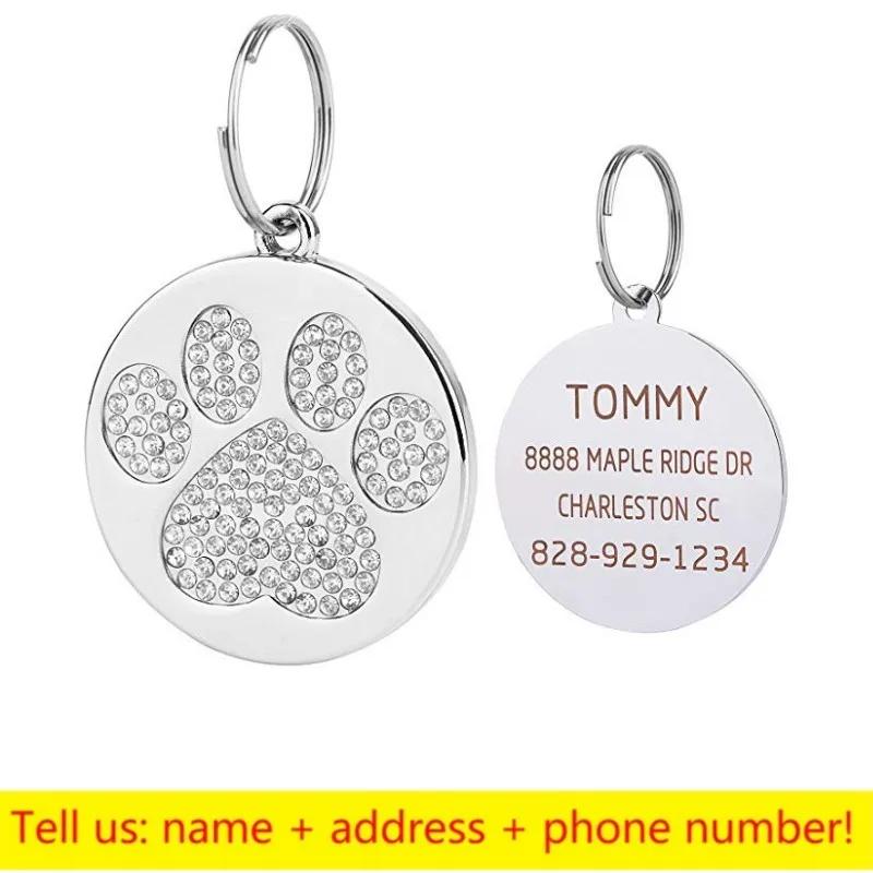 

Custom Engraved Pet ID Tag for Dogs Cats, Stainless Steel Rhinestone Paw Print Anti-Lost Collar Pendant