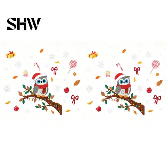 Self Adhesive Seasonal Wall Art Cute Christmas Owl Window Sticker, Snowy Branch Candy Glass Decal, Waterproof Festive Outdoor Xmas Decor for