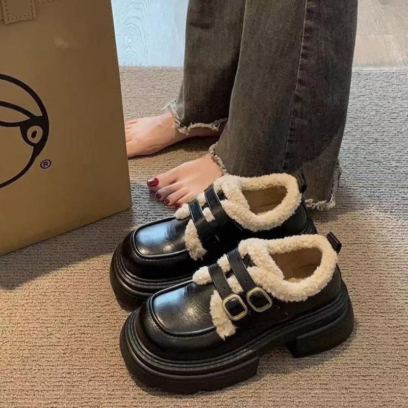 Brown velvet small leather shoes women's winter new retro soft leather versatile women's shoes