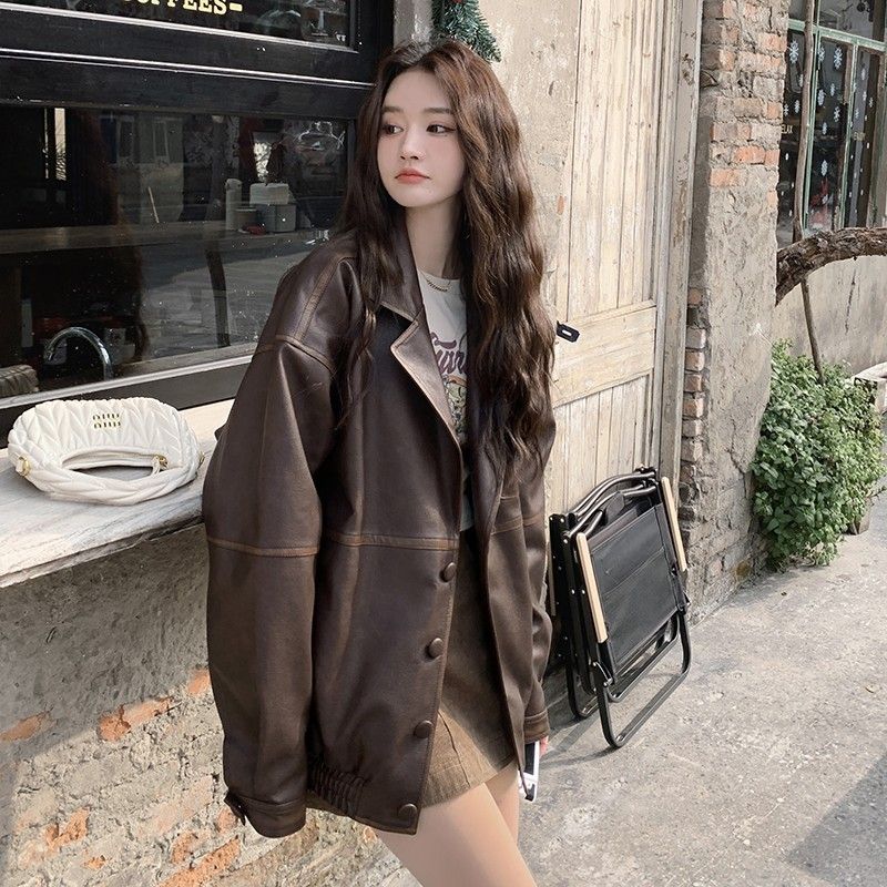 

Fried Street Brown Outwear Retro Motorcycle Clothing Casual Leather Clothing Curry S