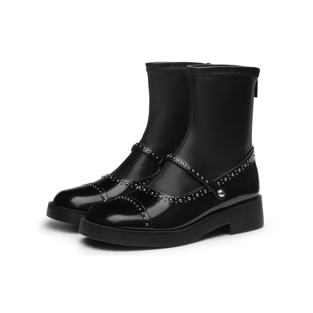 Charles & Keith Small CK PU Synthetic Leather Studded Round Toe Back Zipper Elastic Ankle Boots 3.8cm Women ankle boots Black CK1-90380144-1