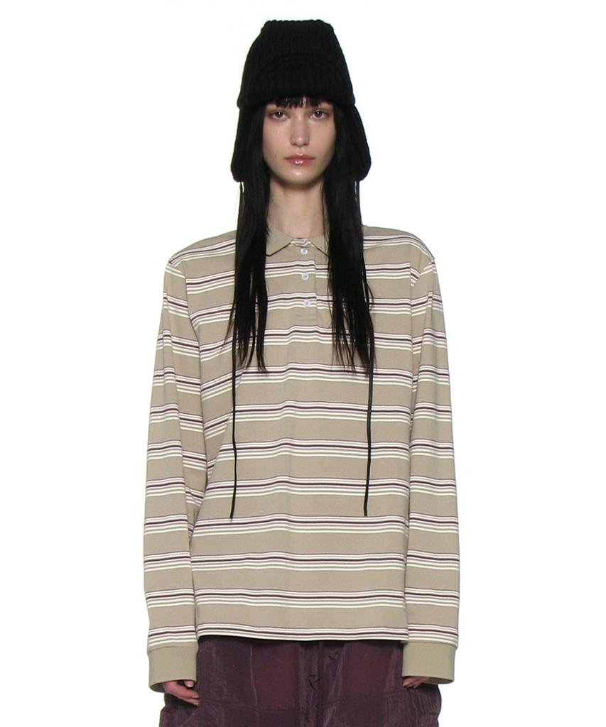 PARTIMENTO WOMEN Striped Long Sleeve Polo Tee_Dusty Beige