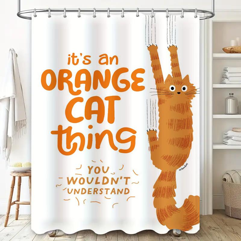 Whimsical Cat Decor Shower Curtain Unique Orange Feline Design for Bathroom, Makes a Perfect Gift Idea for Cat Lovers