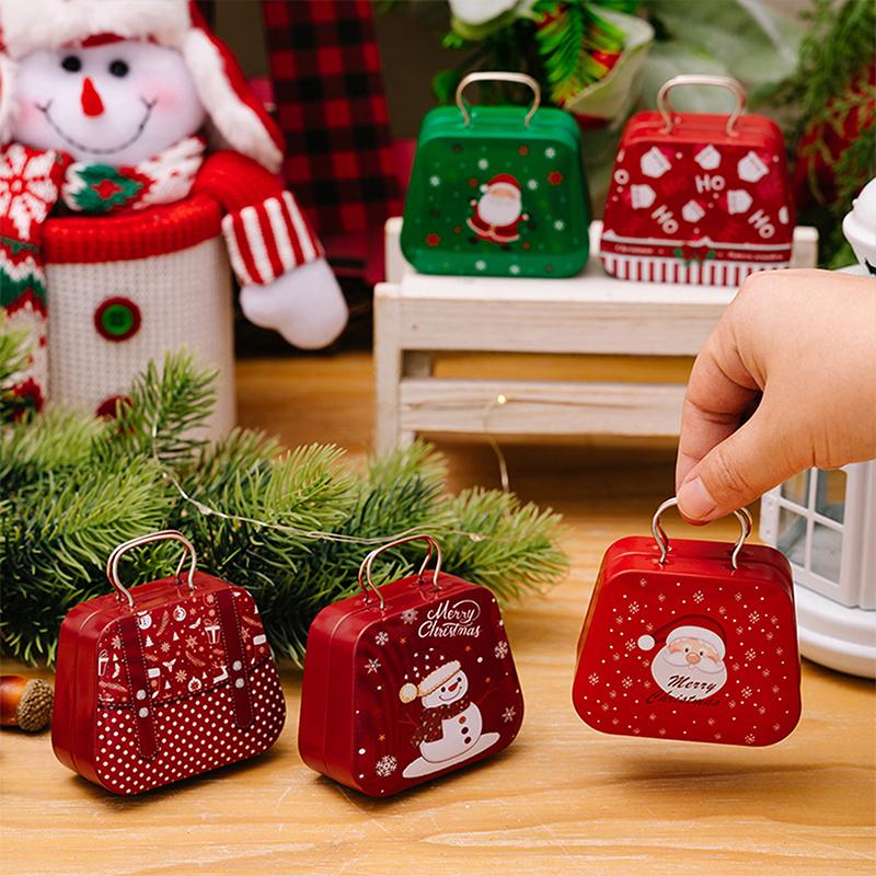 Christmas Tinplate Handbag Candy Box Gift Storage Box Biscuit Can Iron Can Home Hand Card Chocolate Packaging Storage Box