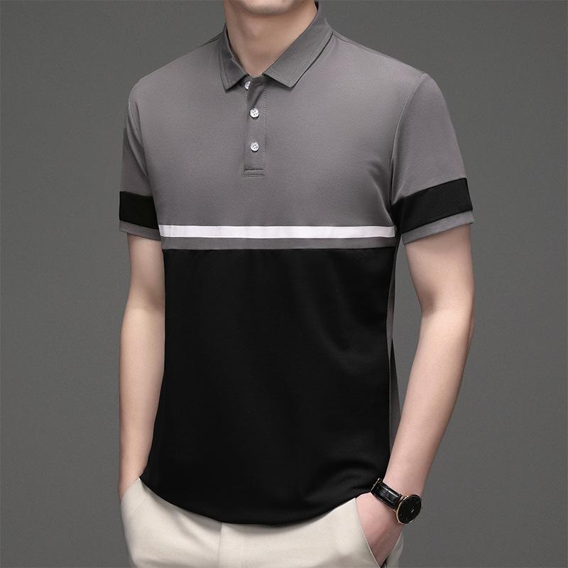 Summer New Men's Short Sleeved Polo Shirt with Printed Striped Sports Short Sleeved Shirt