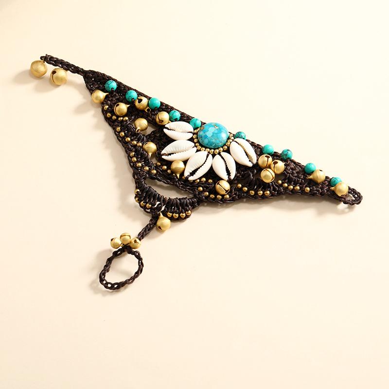 Vintage Woven Bracelet Bohemian Women's Personality Turquoise Bell Bracelet Ring Integrated Accessories