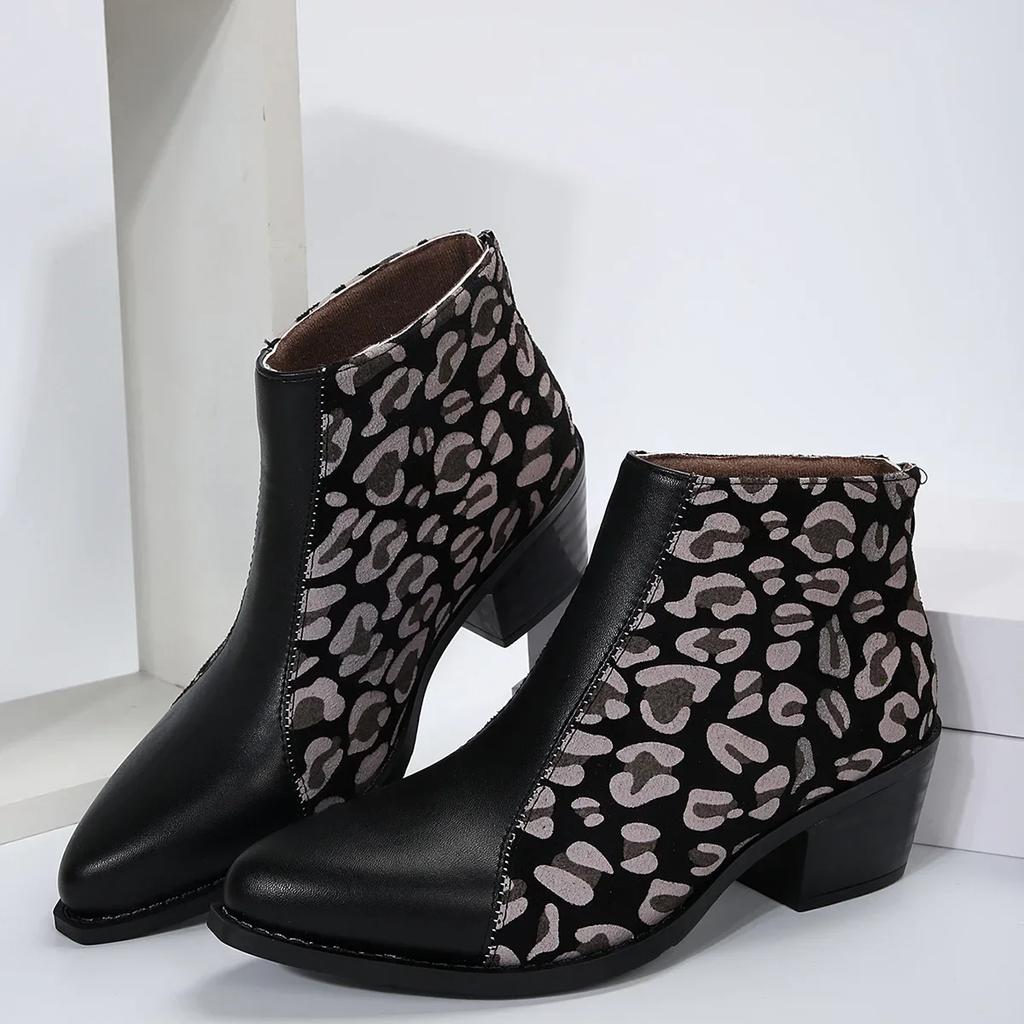 Fashion Shoes for Women  Leopard Ankle Boots Woman Pointed Toe Patchwork Short Barrel Chunky Heel Large Size Western Boots 2024