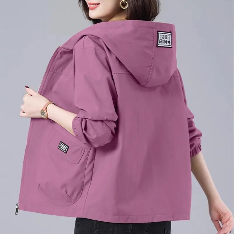 Giacca a Vento con Cappuccio Primavera Autunno Donna Coreana Casual Lunghezza Media Zip Cappotto Capo Esterno Casual Femminile Giacca Larga